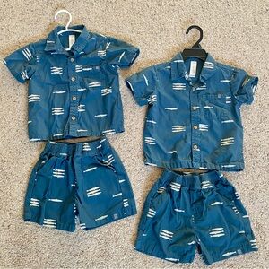 MATCHING Stylish Blue Kids Button Up Short Sleeve Set with Fish Pattern